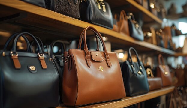 Shelves lined with various leather handbags