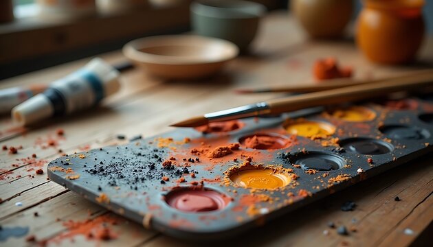 Close-up of watercolor palette with mixed orange and red paints and paintbrush on wooden table