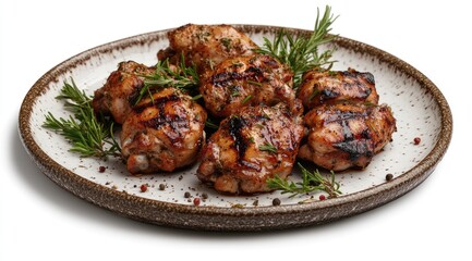 Grilled chicken thighs on a plate, garnished with rosemary