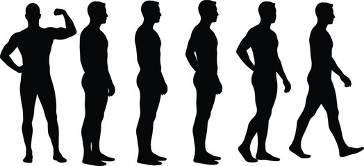 Male body silhouette, standing pose, muscular figure, walking man vector, fitness form, gym body, side view illustration, posture reference