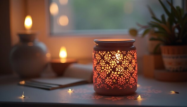 Decorative floral candle holder casting warm light patterns on a table near window - Powered by Adobe