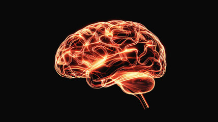 Glowing digital illustration of a human brain with highlighted neural pathways on a black background.