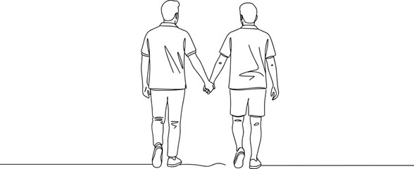 One line drawing of two men holding hands walking together, LGBTQ couple minimal art, same-sex love illustration, equality concept, pride relationship vector, modern sketch.