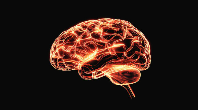 Glowing digital illustration of a human brain with highlighted neural pathways on a black background. - Powered by Adobe