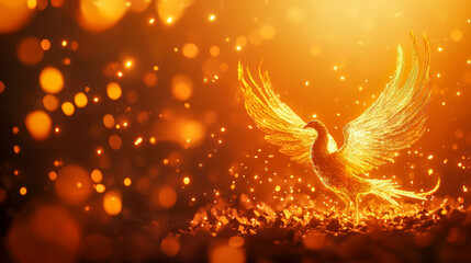 A glowing golden phoenix rises amidst sparkling lights and embers, symbolizing rebirth and renewal in a fiery, magical atmosphere.