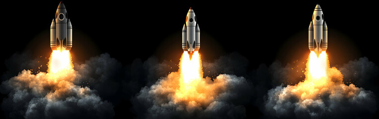 Three rockets launching into space