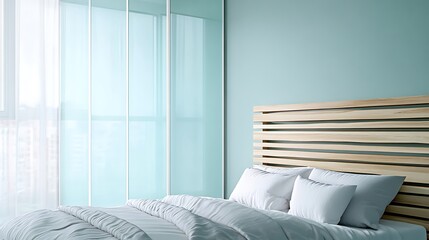 Studio apartment bedroom mockup with sliding glass dividers, horizontal wood slat headboard and dual-tone walls in