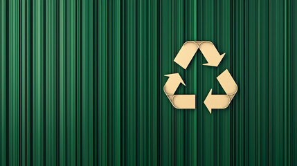 A cardboard recycling symbol with three arrows sits on a green corrugated background, representing environmental sustainability and recycling awareness.