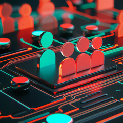 Digital illustration of human icons connected on a circuit board, symbolizing networking, communication, and technology integration.
