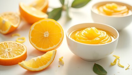 Fresh orange slices and bowls of smooth citrus curd on white surface