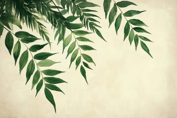 Naklejka premium Green leaves on a soft beige textured background
