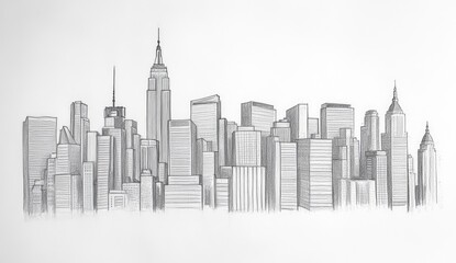 Pencil sketch of a city skyline, numerous tall buildings