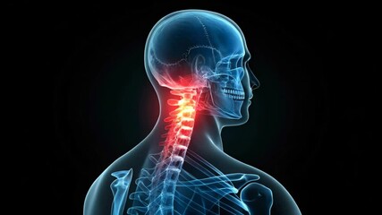 Human Anatomy Cervical Spine Pain Illustration showing detailed skeletal structure and highlighting neck pain area for medical education resources. - Powered by Adobe