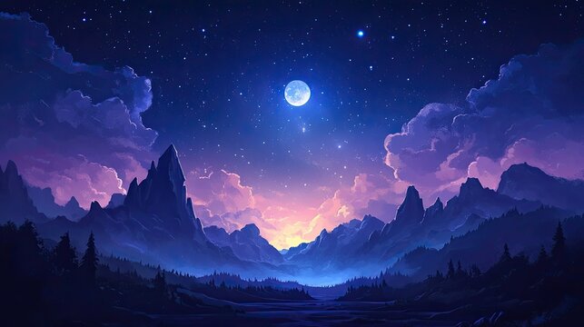 A serene night landscape with mountains, a full moon, and starry sky with pastel clouds above