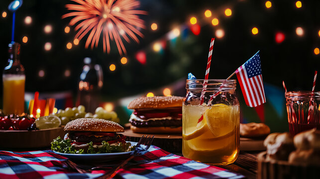 4th of july celebration with burgers, lemonade, and fireworks