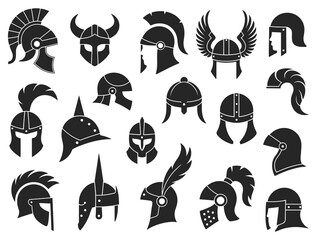 Military helmets vector icons set including ancient roman gallic norman viking greek spartan and medieval knight headgear

