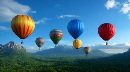 Fototapeta premium Colorful hot air balloons float above lush green valley with mountains under clear blue sky