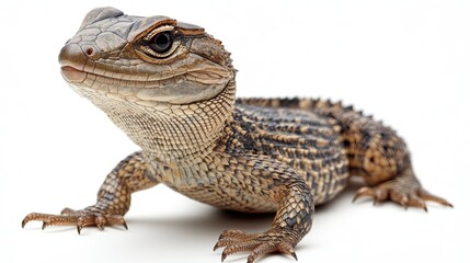 Obraz premium Close up of a brown and gray lizard with scales on a white background in a studio setting view from below