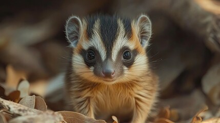 Close up portrait of a cute ring tailed mongoose in the forest looking at the camera directly