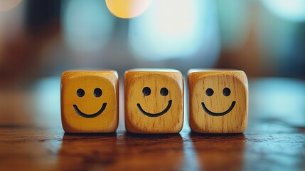 Three wooden cubes with smiley faces arranged on a table in a close up studio shot with soft lighting