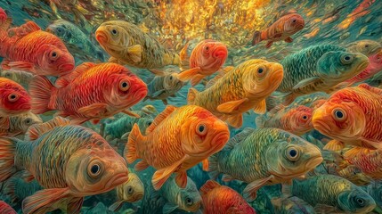 A dynamic school of colorful fish gracefully swimming in the clear blue ocean water surrounded by a stunning abstract background of vibrant colors and shapes enhancing the underwater scene