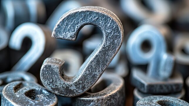 A macro shot of several metal number nines with a shallow depth of field and textured surfaces