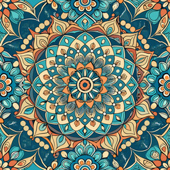 A highly detailed and repeating seamless pattern with edge-to-edge precision, featuring an intricate mandala design. The central element should have layered floral and geometric motifs, radiating outw
