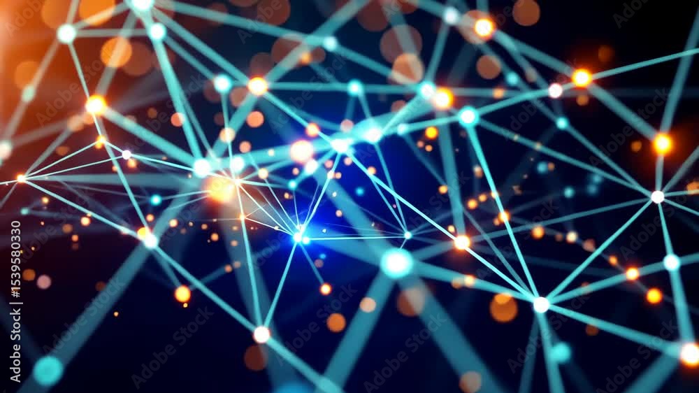 Poster digital network of interconnected lines and luminous nodes, representing global connections and data