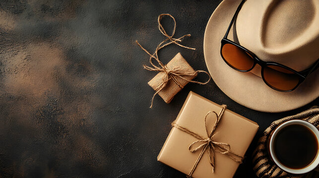 Avertical warm-toned image showcasing Father's Day elements, including a gift box, a fedora hat - Powered by Adobe