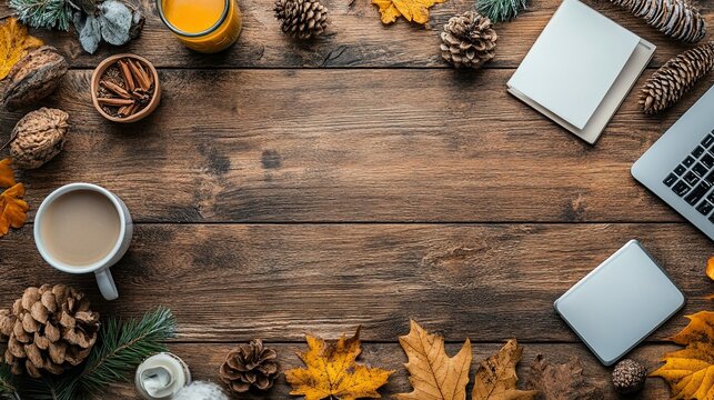 Autumn themed flat lay with laptop, leaves, pine cones, and coffee on a wooden surface top view