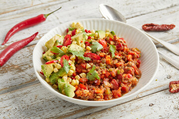 Chili sin carne in a white bowl