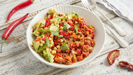 Chili sin carne in a white bowl