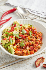 Chili sin carne in a white bowl