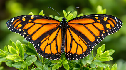 Fototapeta premium Beautiful orange and black butterfly perched on green foliage, showcasing vibrant wings