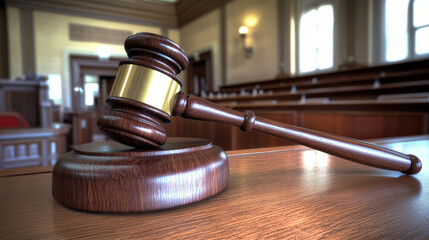 Close-up of a gavel resting on a wooden desk, symbolizing legal victory, justice, and courtroom decisions. Concept of law, authority, and judicial system in action.