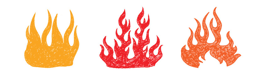 Crayon drawn red fire flames icons collection. Fire flame icon. Crayon vector logo. Hot fire on white background. Flame simple illustration. Graphic heat symbol. Hand drawn doodle flames stickers.