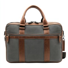 Gray canvas briefcase with brown leather accents