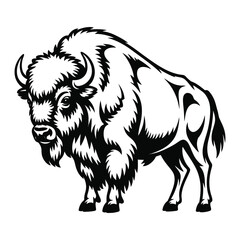 Monochrome standing bison vector graphic with bold black outlines on white background great for wildlife logos

