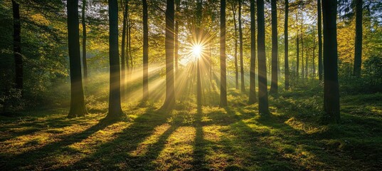 Fototapeta premium Sunlight streams through a dense forest (6)