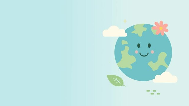 4K Happy Earth Day Cartoon Animation Background. Cute Eco-Friendly Motion Loop.  Looping animation with smiling Earth, clouds, leaves, and stars. 


