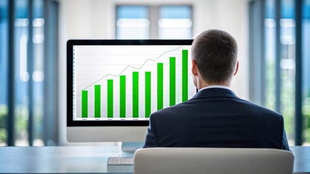 A businessman in a suit views a computer screen displaying a rising green bar and line graph in a bright office setting with large windows.