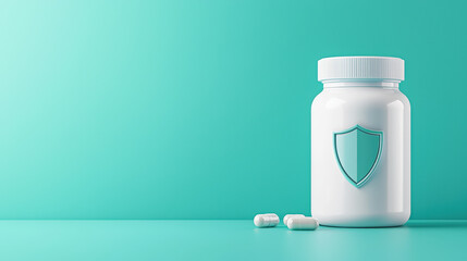 White pill bottle with a shield emblem and three pills on a turquoise background symbolizing protection and health.