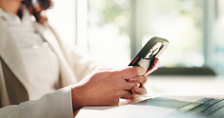 Fototapeta premium Hands, business and woman in office, cellphone and texting with email for stock market. Connection, person or employee with smartphone, notification and accounting with digital app or online chatting
