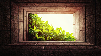 A view of green leaves framed by a rectangular stone window, with bright sunlight illuminating the foliage outside.