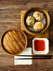 Chinese shrimp dumplings in bamboo steamer
