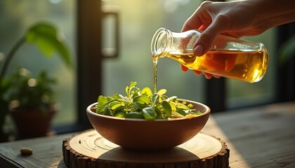 Hand pouring golden olive oil over fresh green salad leaves in rustic bowl