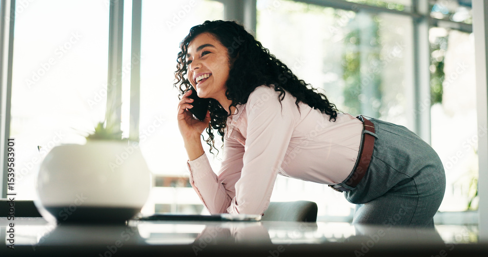 Poster phone call, smile and chat with business woman in office for networking, schedule manager and contac