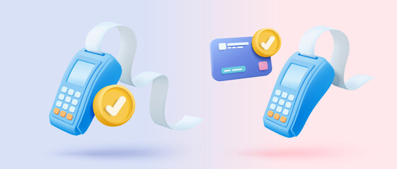 3D bill payment with credit card and financial for online shopping, payment credit card with alert notification. Invoice transaction with credit card reader. 3d receipt vector icon render illustration