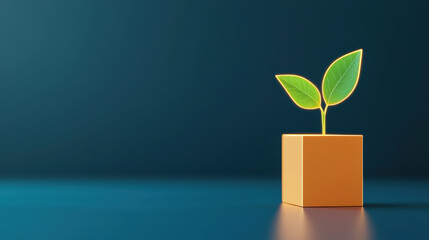A small green plant with two leaves grows from a simple square pot against a dark blue background.