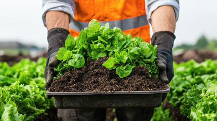 A person wearing gloves and an orange vest holds a tray filled with fresh green lettuce seedlings ready for planting in a field.